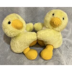 Twin Yellow Ducks Chicks Vintage Plush Stuffed Animal Holding Hands Easter